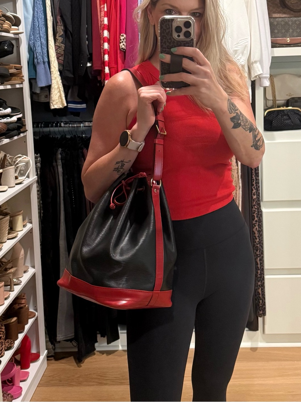 Louis Vuitton Epi Leather Black & Red Noe’ Large Bucket Handbag